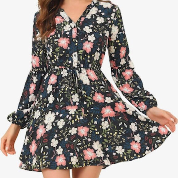 Allegra K Dresses & Skirts - Allegra K Women's Floral Print Vintage Button Front Long Sleeve Tie Waist Shirt